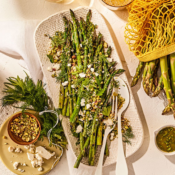 GRILLED ASPARAGUS WITH CRUNCHY LEMON-PARM TOPPING