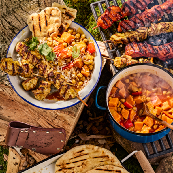 MOROCCAN CHICKEN SKEWERS WITH COCONUT & SWEET POTATO TAGINE