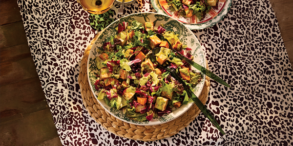 ROASTED SWEET POTATO SALAD WITH HALLOUMI CROUTONS