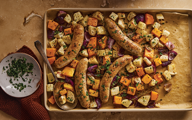 SAUSAGE AND HARVEST VEGETABLE SHEET PAN DINNER