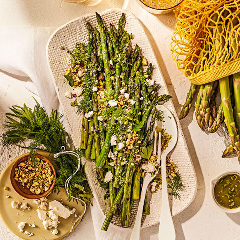 GRILLED ASPARAGUS WITH FETA AND PISTACHIOS